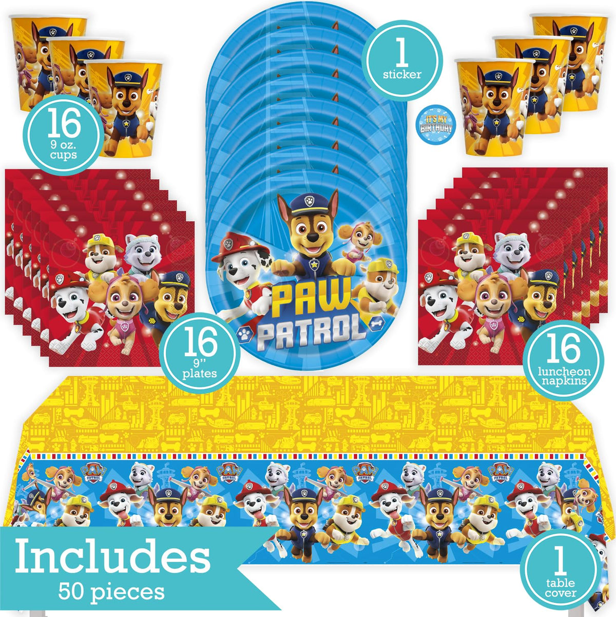 Paw Patrol Birthday Party Kit for 16 – 9 Inch Plates, Napkins, Table Cover and Cups (49 pc) – photo 2
