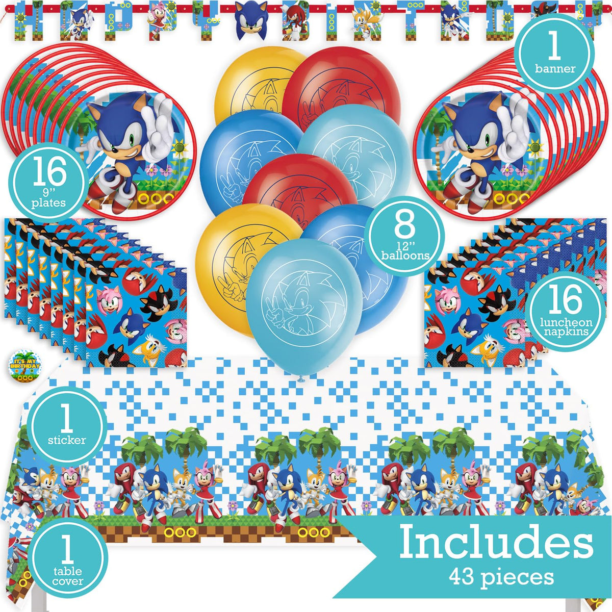 Sonic Birthday Party Kit for 16 – 9 Inch Plates, Napkins, Table Cover, Banner and Balloons (42 pc) – photo 2