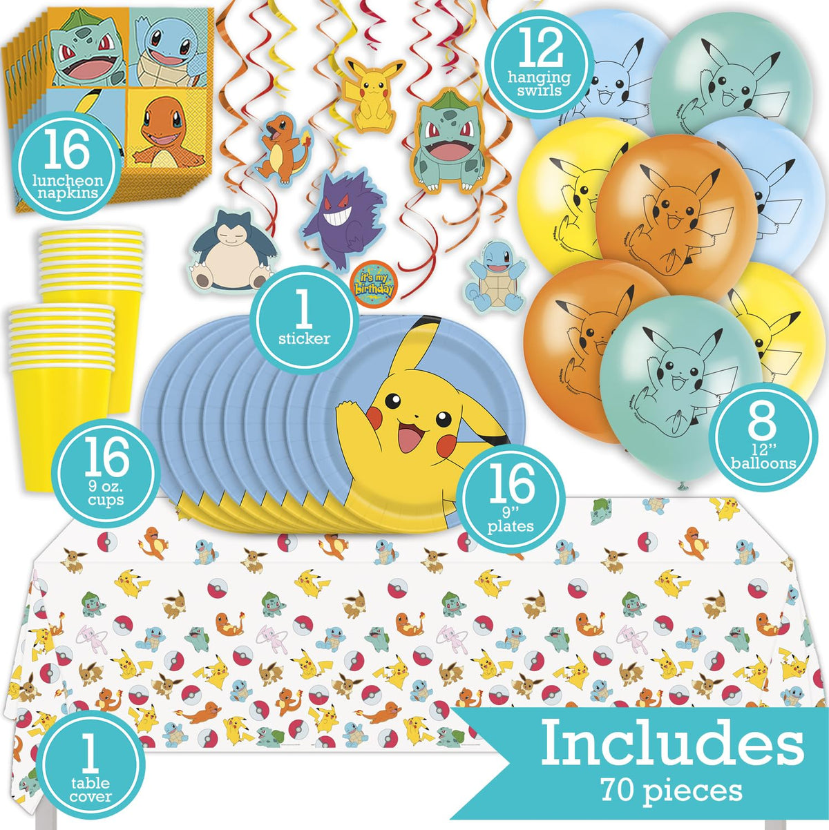 Pokémon Birthday Party Kit for 16 – 9 Inch Plates, Napkins, Table Cover, Cups, Banner, Balloons and Swirl Decorations (74 pc) – photo 2