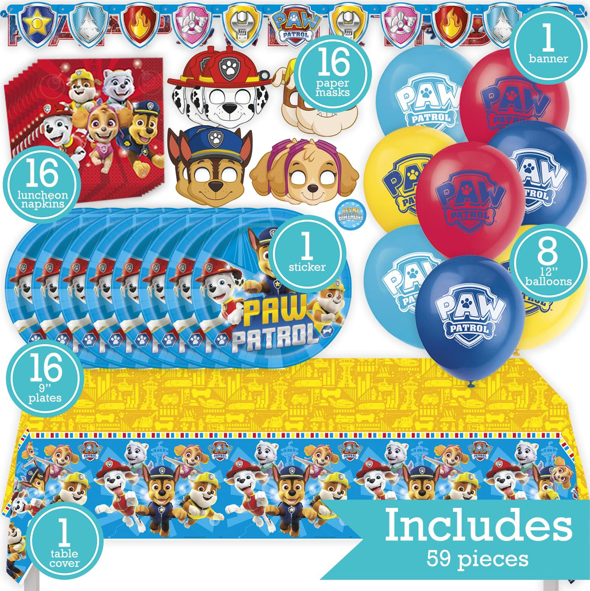Paw Patrol Birthday Party Kit for 16 – 9 Inch Plates, Napkins, Table Cover, Banner, Balloons and Party Masks (58 pc) – photo 2