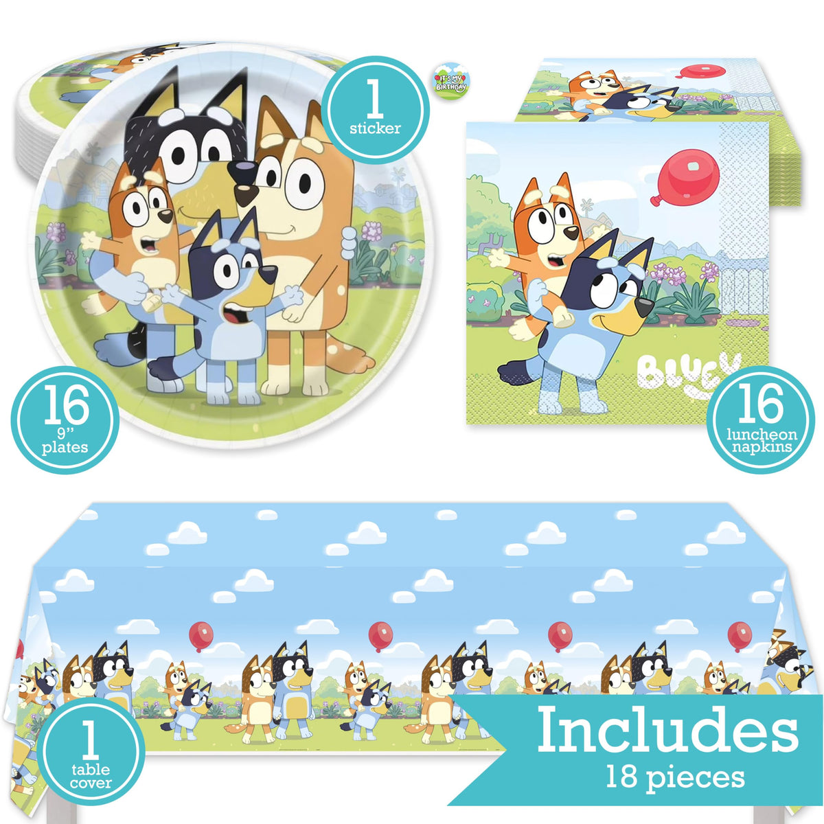 Bluey Birthday Party Kit for 16 – 9 Inch Plates, Napkins and Table Cover (33 pc) – photo 2