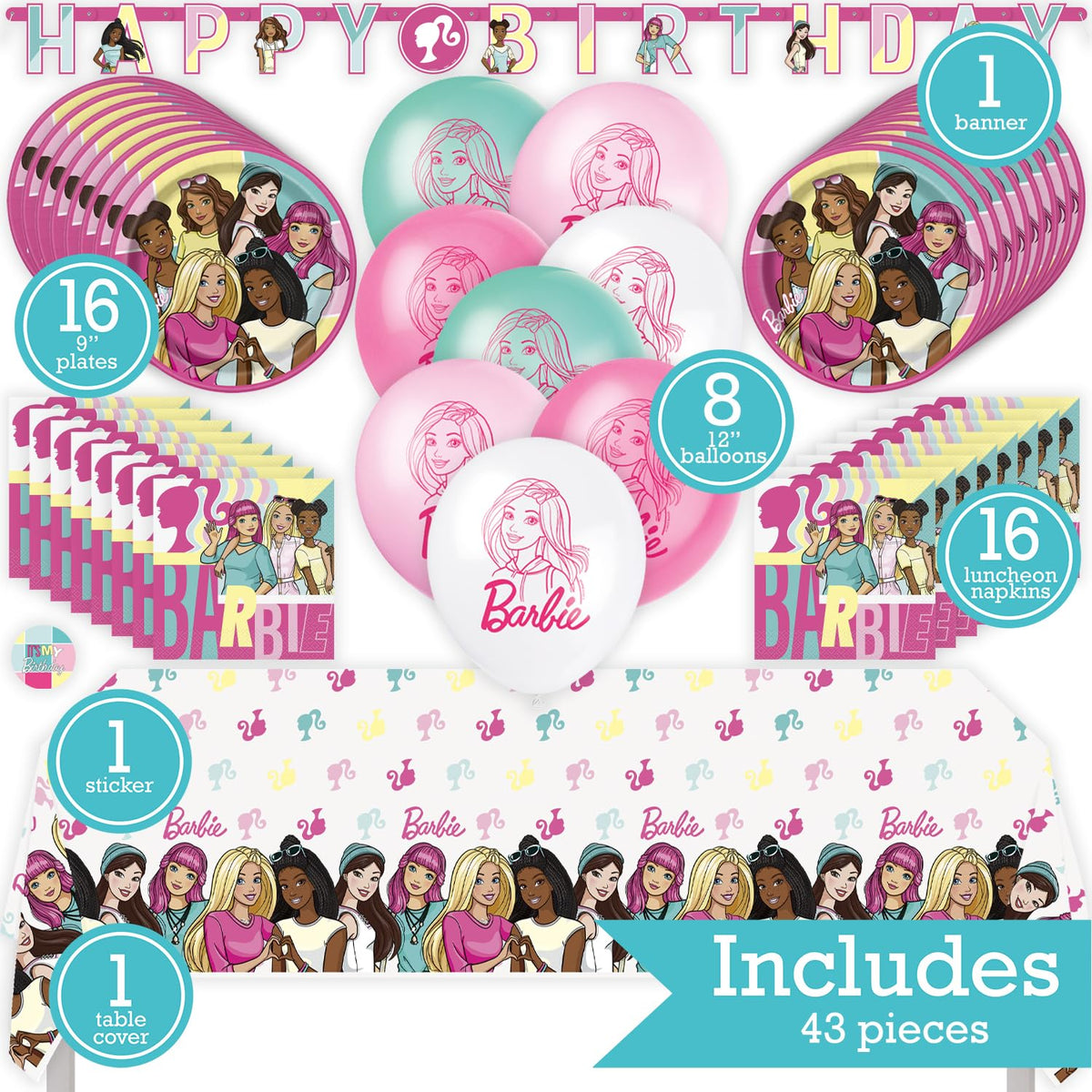 Barbie Birthday Party Kit for 16 – 9 Inch Plates, Napkins, Table Cover, Banner and Balloons (42 pc) – photo 2