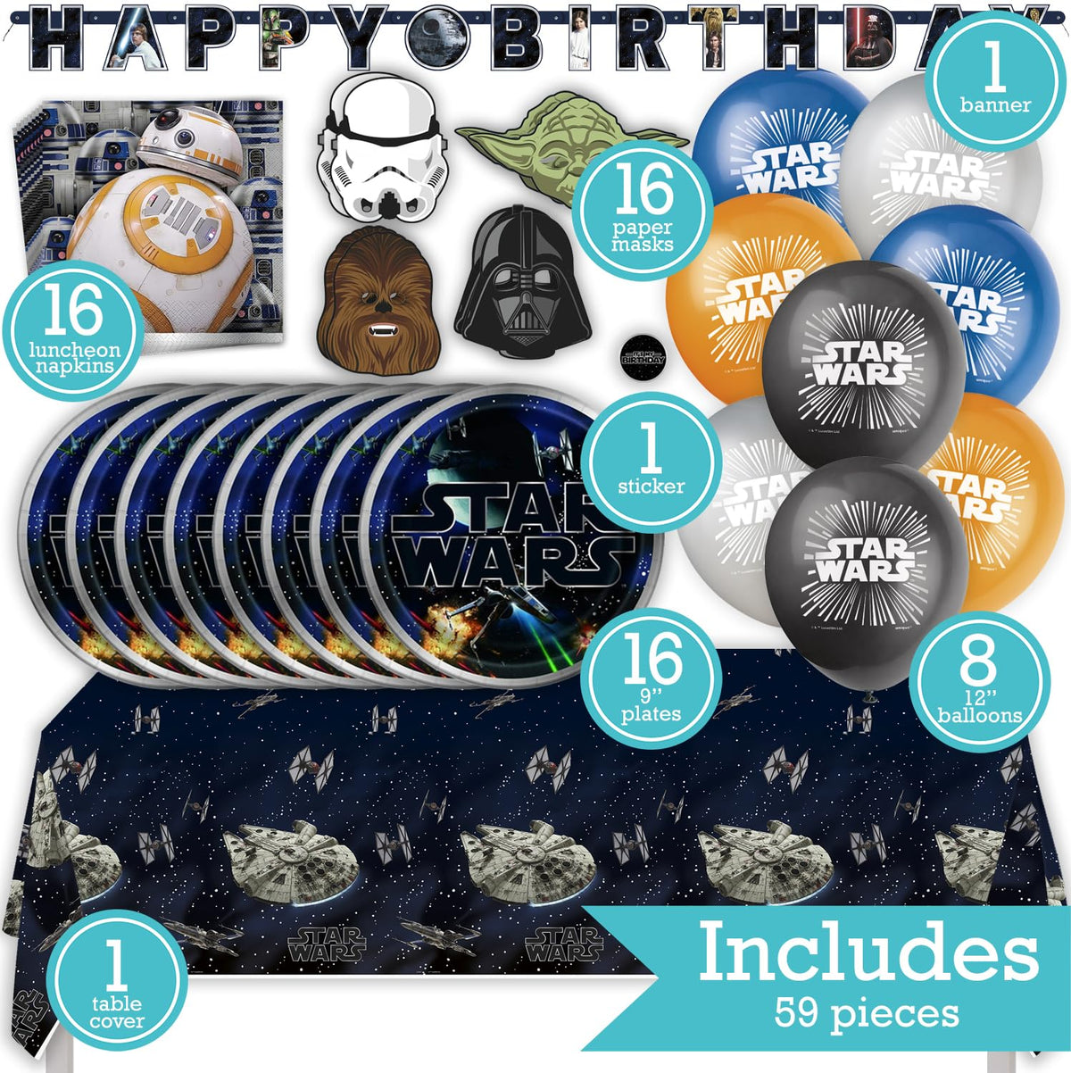 Star Wars Birthday Party Kit for 16 – 9 Inch Plates, Napkins, Table Cover, Banner, Balloons and Party Masks (58 pc) – photo 2