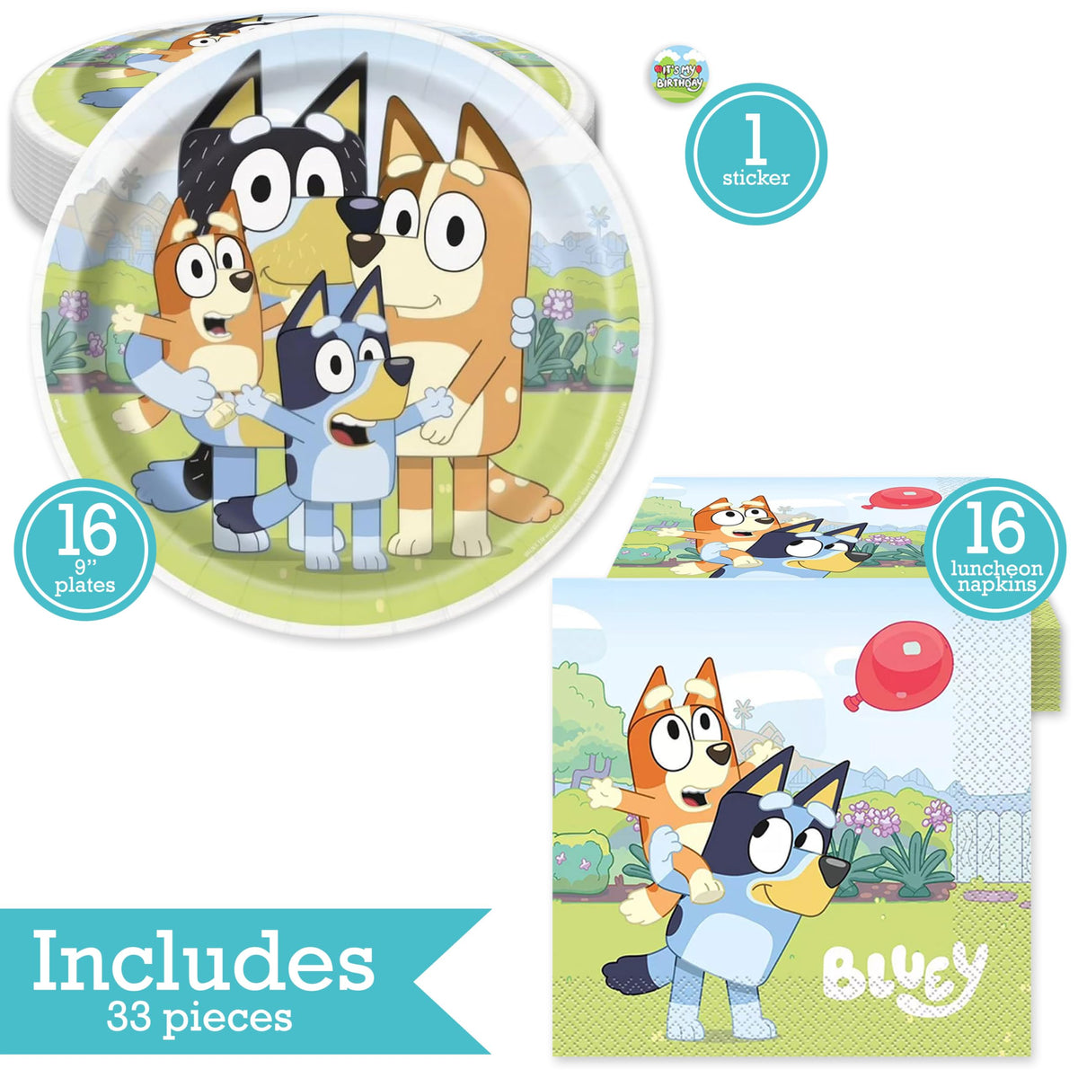 Bluey Birthday Party Kit for 16 – 9 Inch Plates and Napkins (32 pc) – photo 2