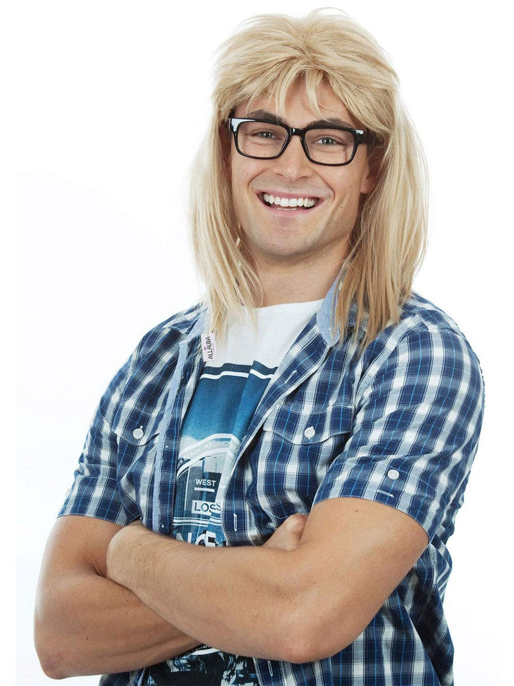 90s Guitar Rocker Blonde Wig With Glasses costume wig, photo 1 of 3