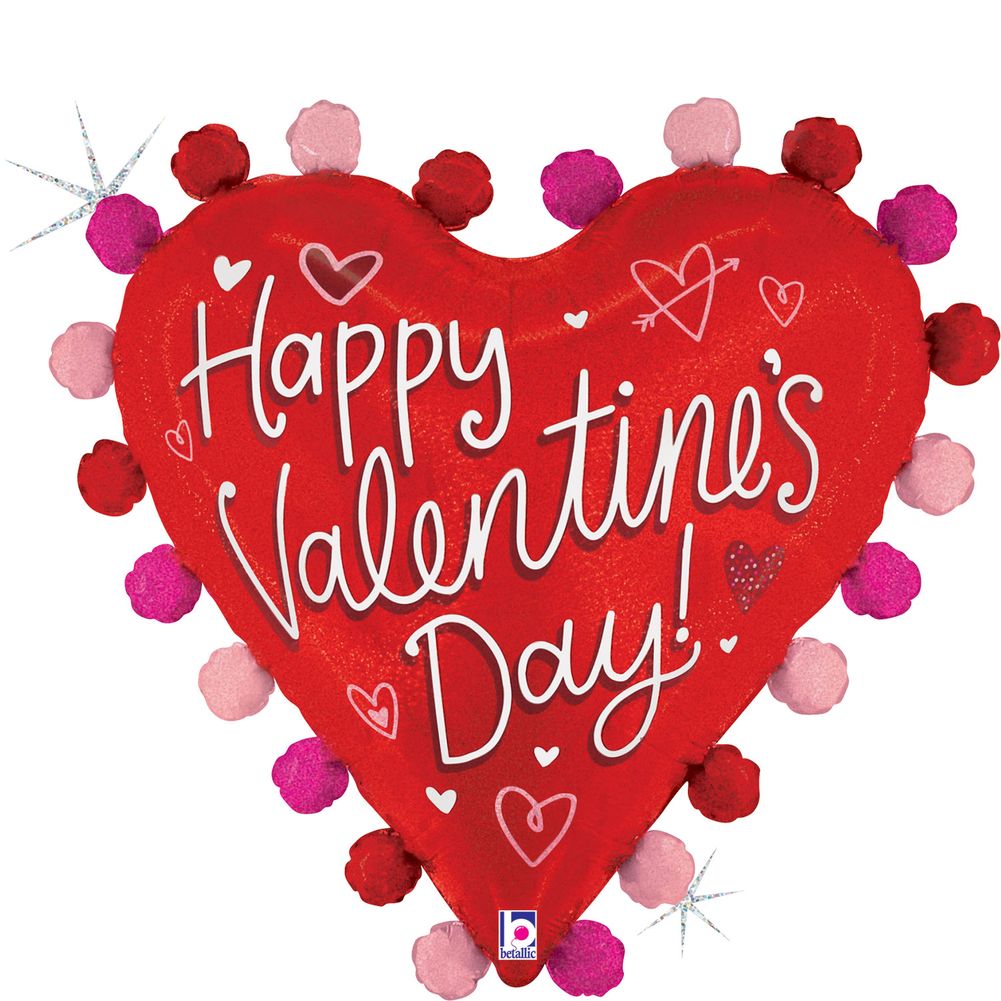 27" Pom Pom Valentine Heart Glitter Holographic Foil Balloon (1ct)
