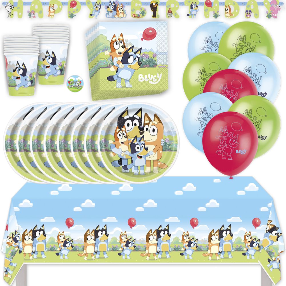 Bluey Birthday Party Kit with Tablecloth, Plates, Napkins, Cups, Balloons, Banner, & Sticker