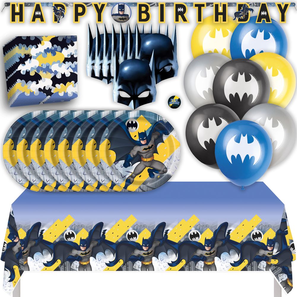 Batman Birthday Party Kit with Tablecloth, Plates, Napkins, Balloons, Banner, Masks, and Sticker