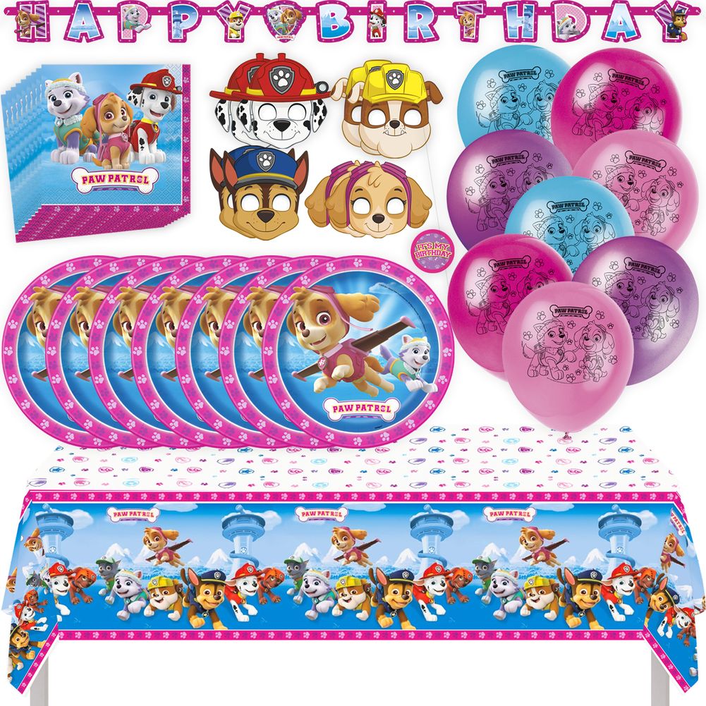 Paw Patrol Girl Birthday Party Kit with Tablecloth, Plates, Napkins, Masks, Balloons, Banner, & Sticker
