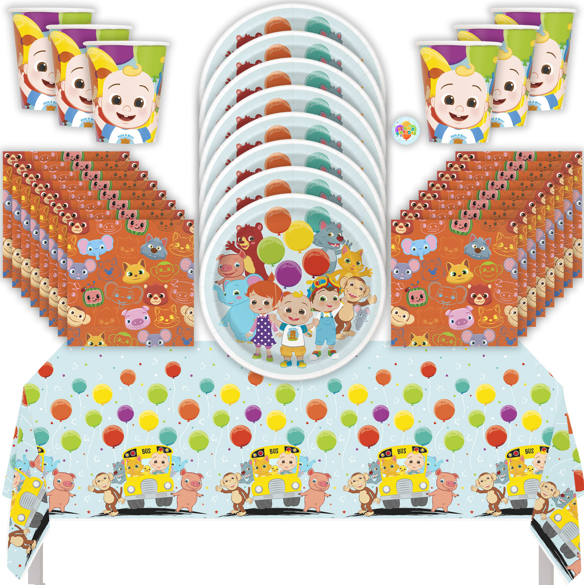Cocomelon Birthday Party Kit with Tablecloth, Plates, Napkins, Cups, & Sticker