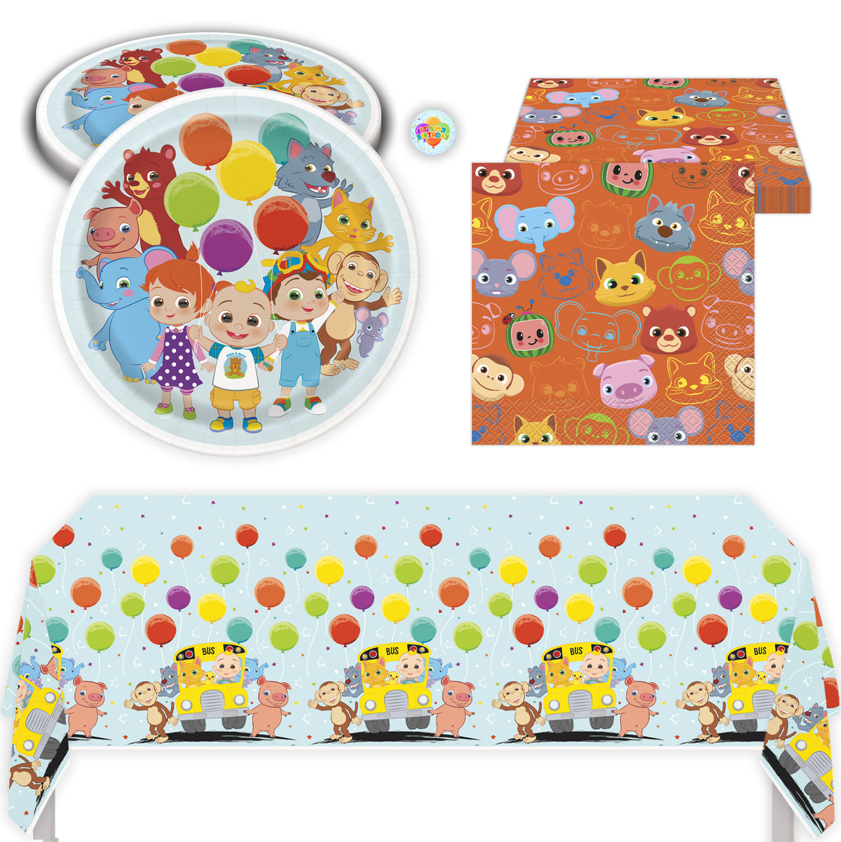 Cocomelon Birthday Party Kit with Plates, Napkins, Tablecloth, & Sticker