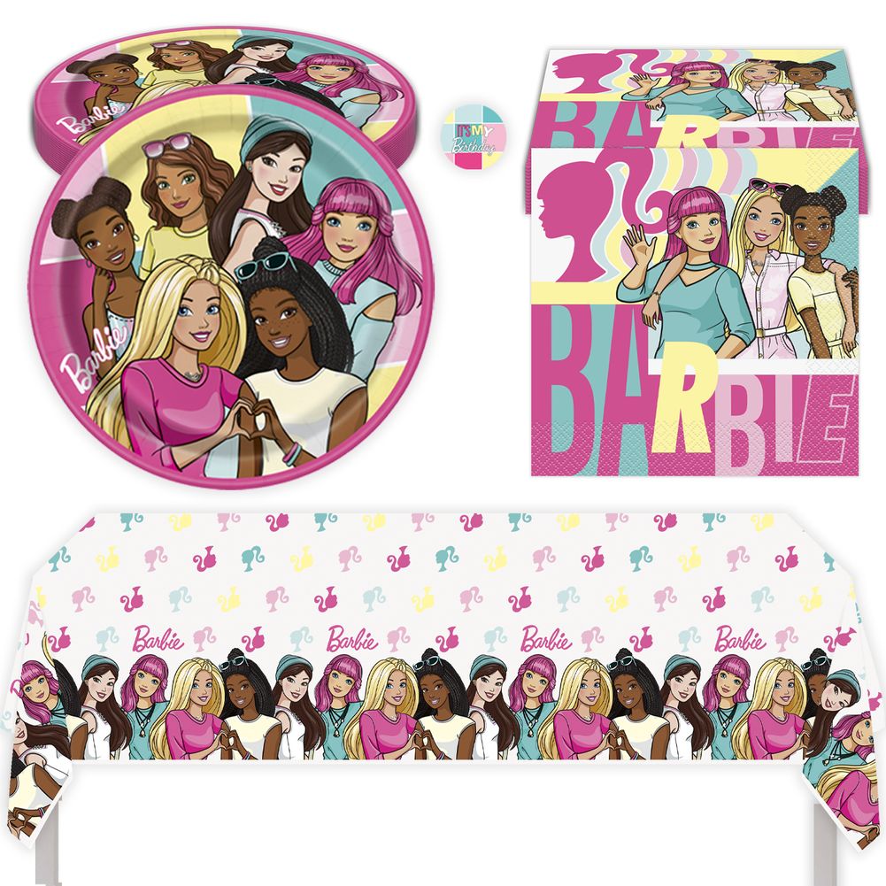 Barbie Birthday Party Kit with Plates, Napkins, Tablecloth, & Sticker