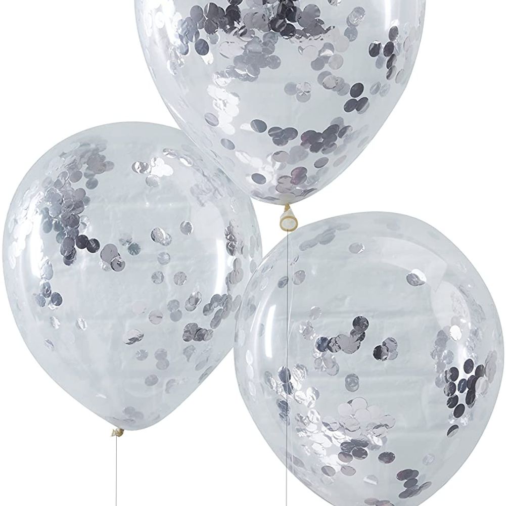 Silver Confetti Filled Clear Latex Balloons