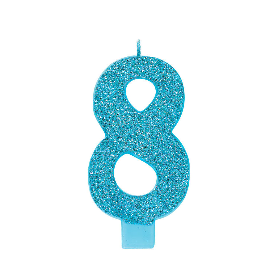 Caribbean Blue #8 Birthday Glitter 5.25" Numeral Candle