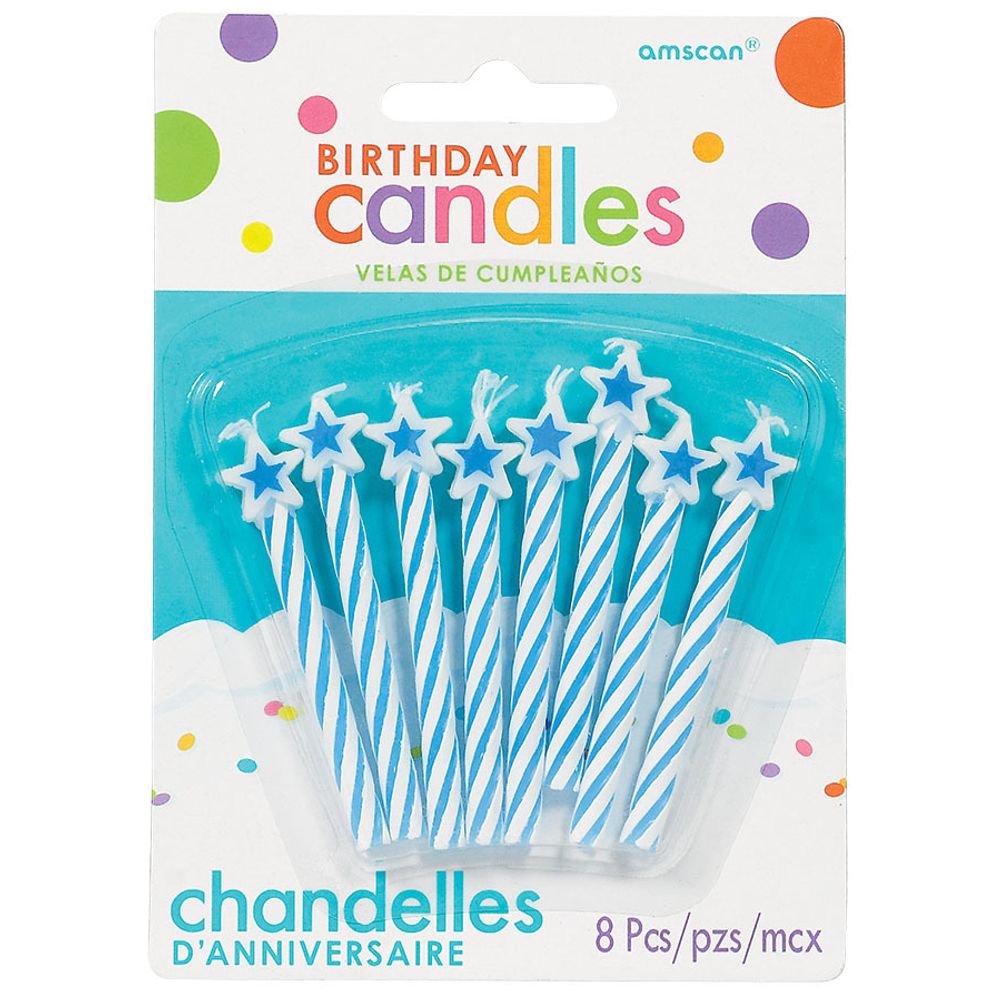 Amscan 2.5" Blue Spiral Candles w/Star Topper Candle Sets (8 ct)