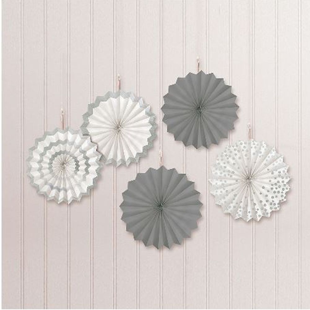Silver Mini Paper Fan Decorations, 5ct