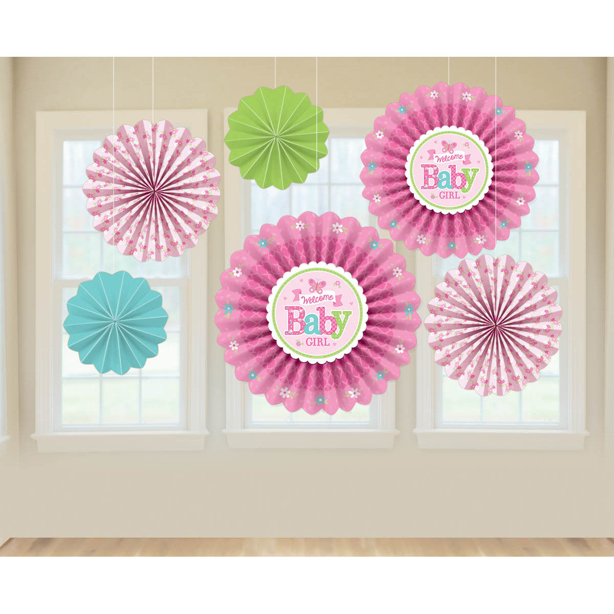 Welcome Little One Girl Paper Hanging Fans (6ct)