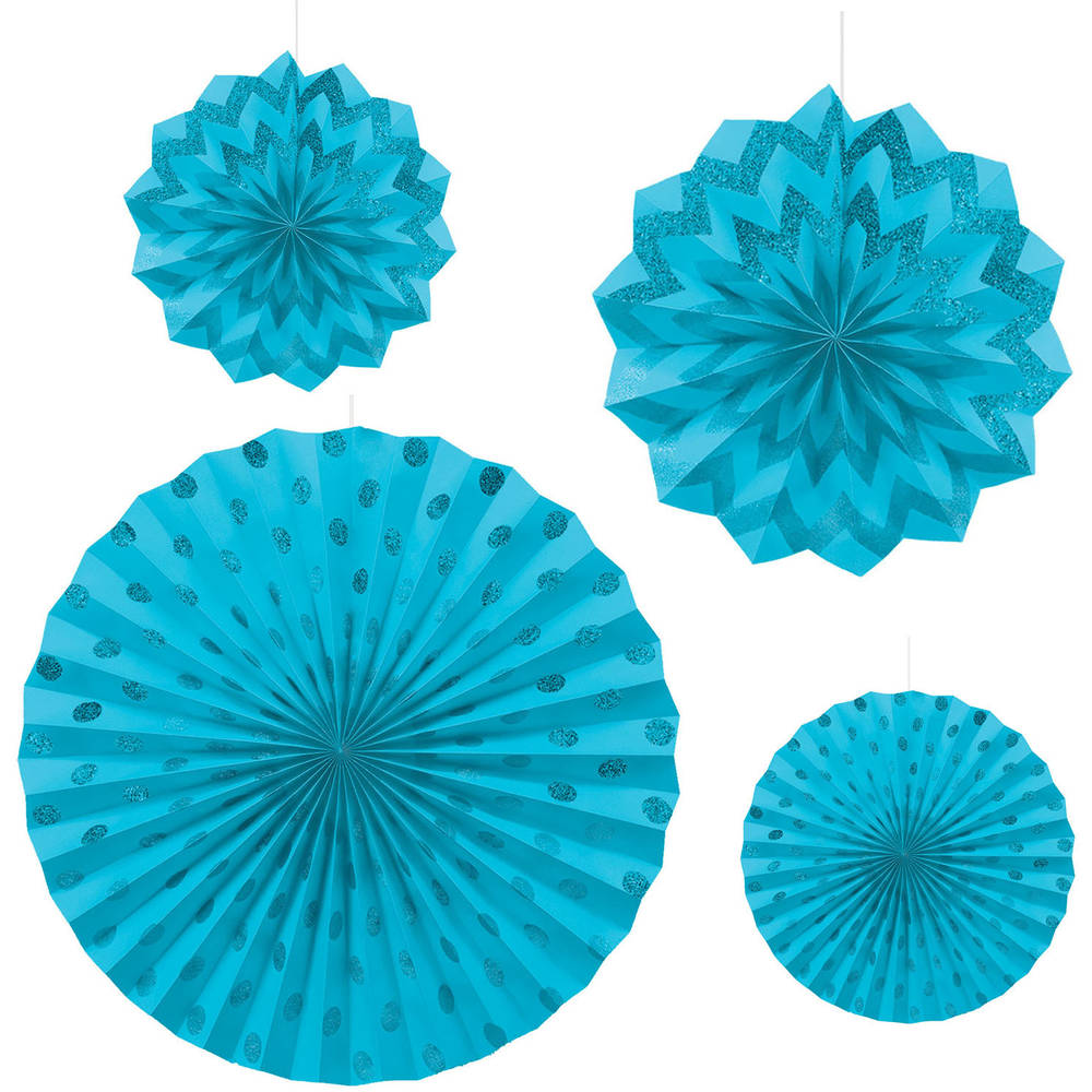Caribbean Blue Glitter Hanging Fans (4 ct)