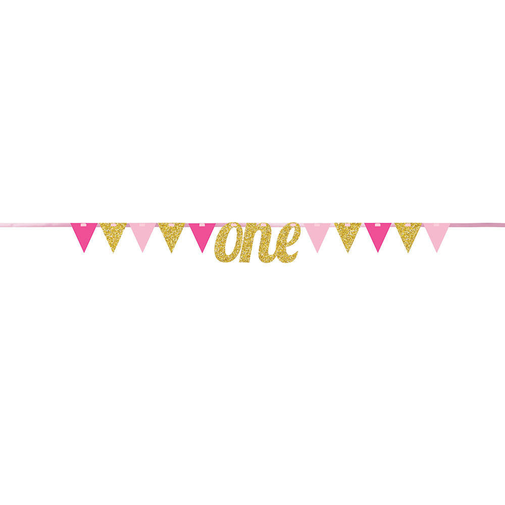 Pink Glitter One First Birthday Pennant Banner