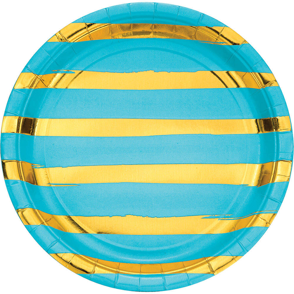Bermuda Blue & Gold Hot Stamped Paper Dinner Plates (8 ct)