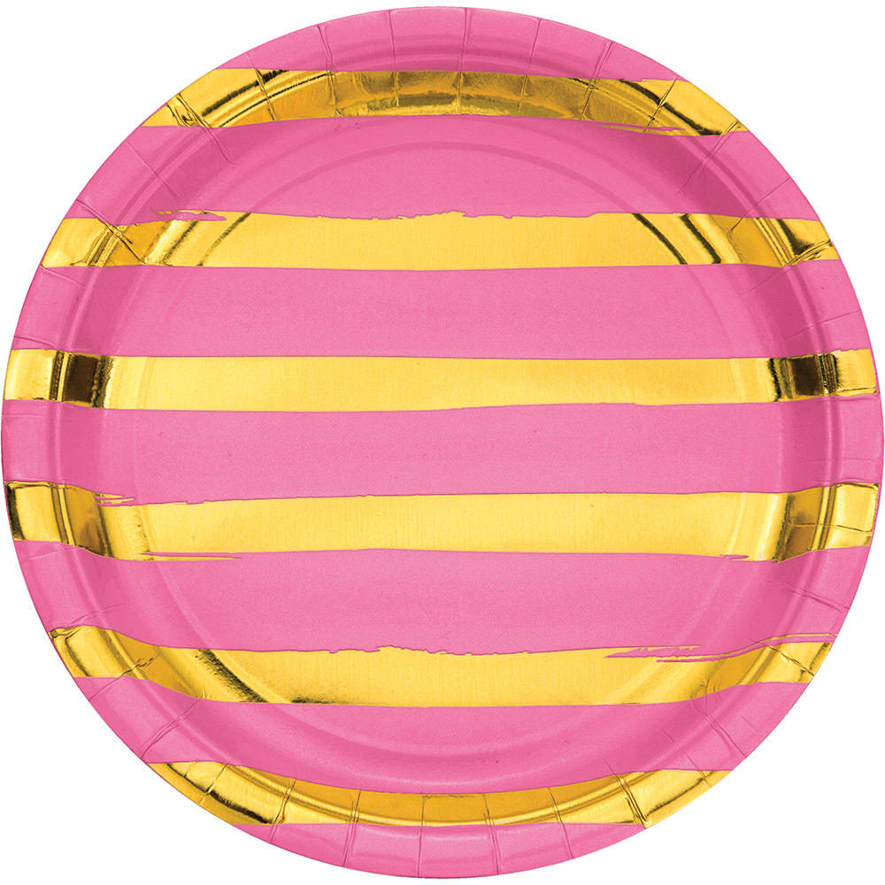 Candy Pink & Gold Hot Stamped Paper Dinner Plates (8 ct)