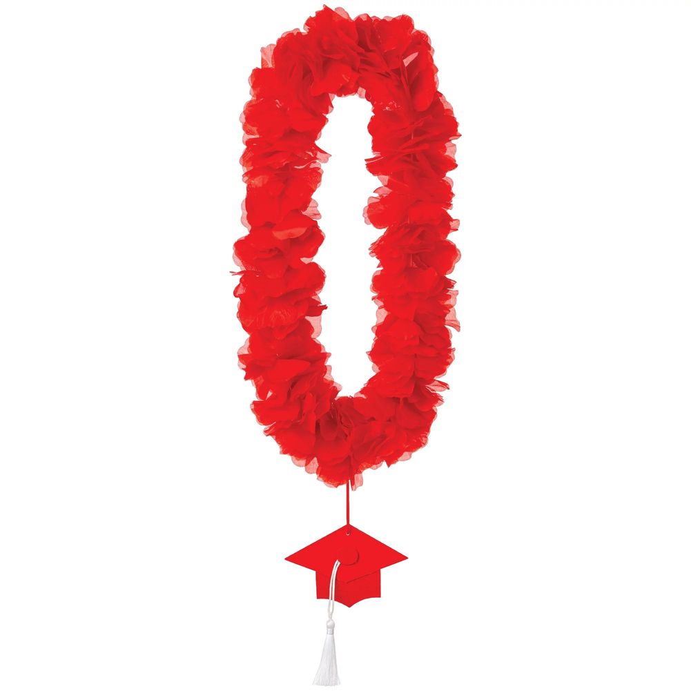 School Colors Fabric Lei with Graduation Cap Red (1ct)