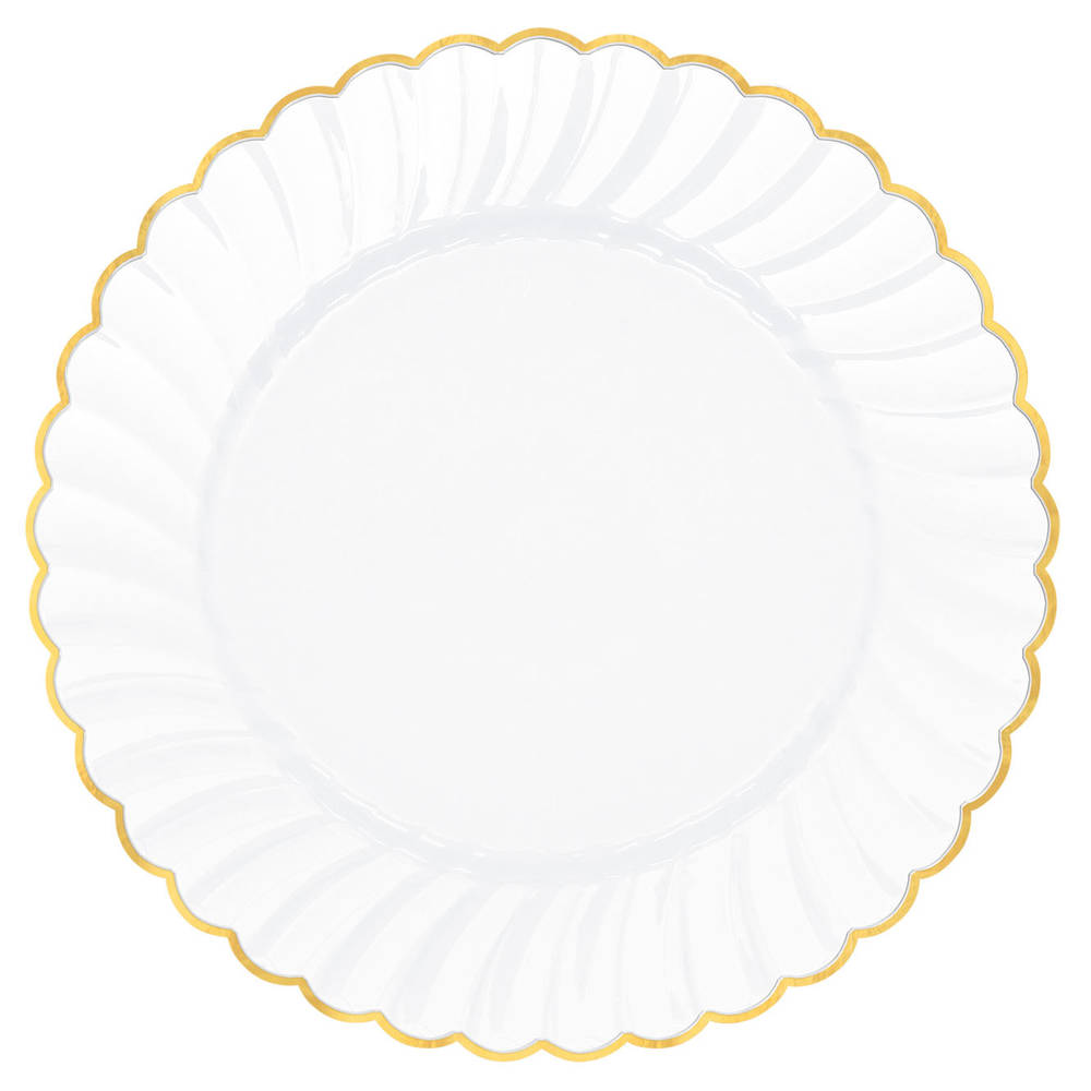 White Scalloped Plastic Banquet Plates with Gold Trim (10 ct)