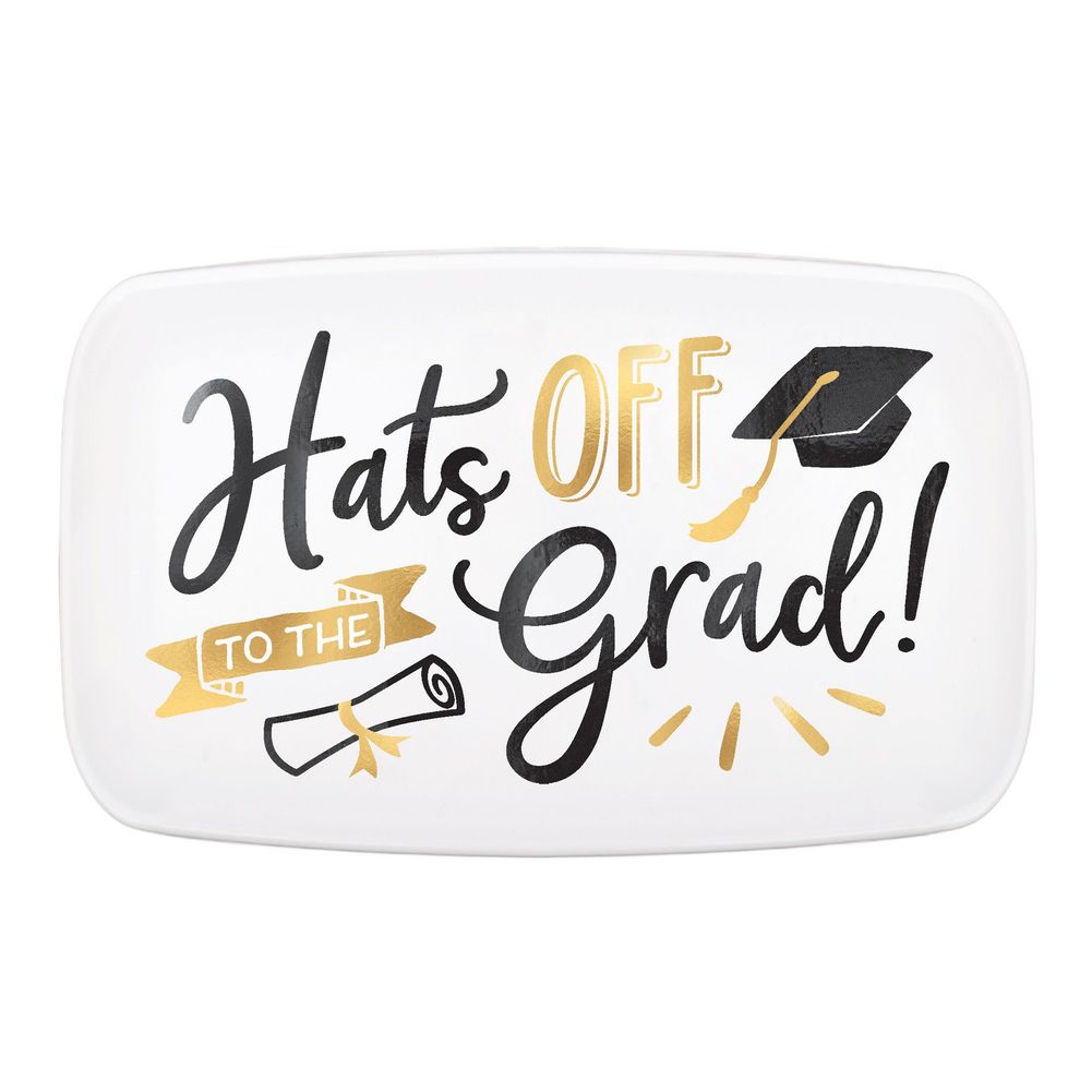 Hats Off Graduation Metallic Gold Rectangular Plastic Platter (1ct)