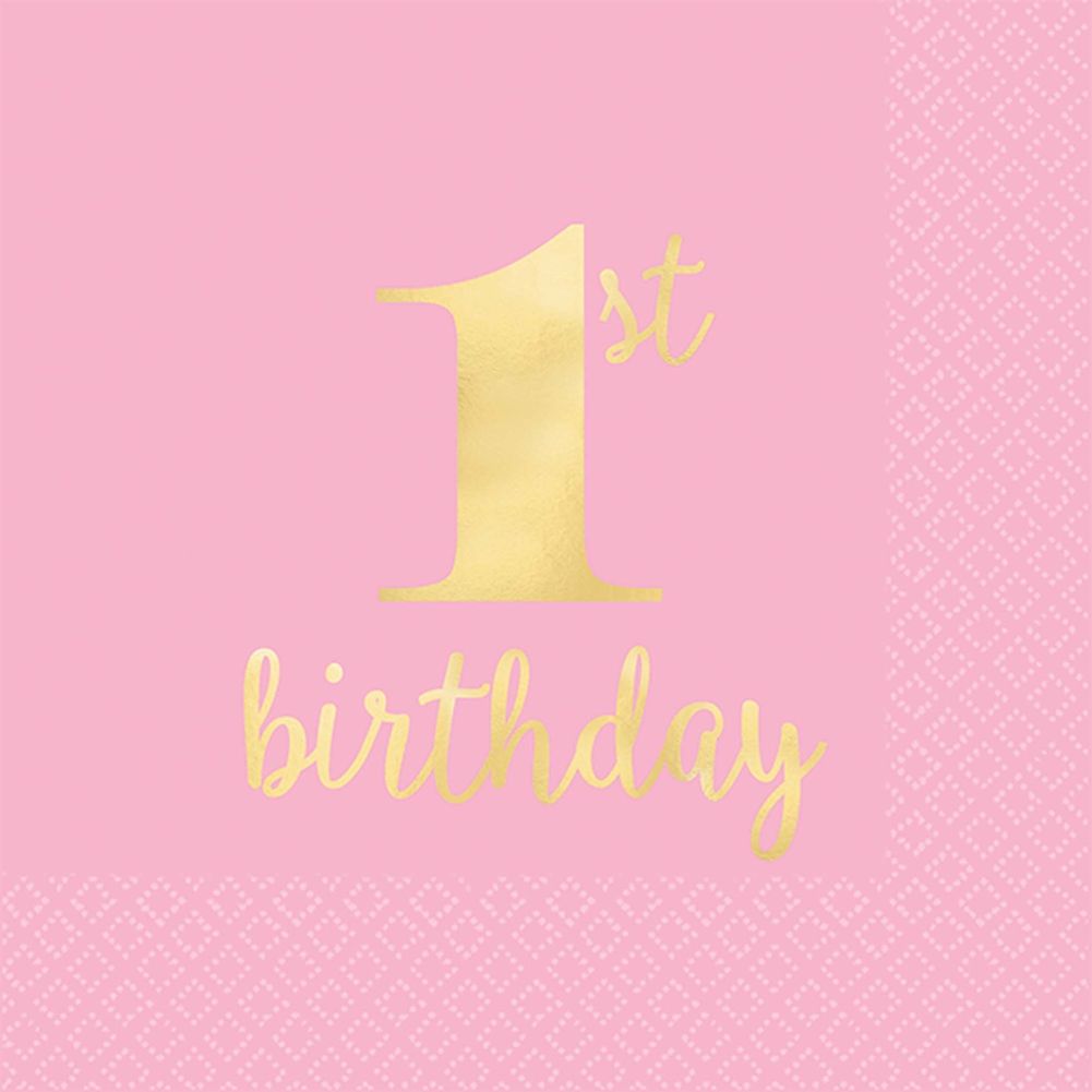 Premium 1st Birthday Pink Hot Stamped Beverage Napkins (16 ct)