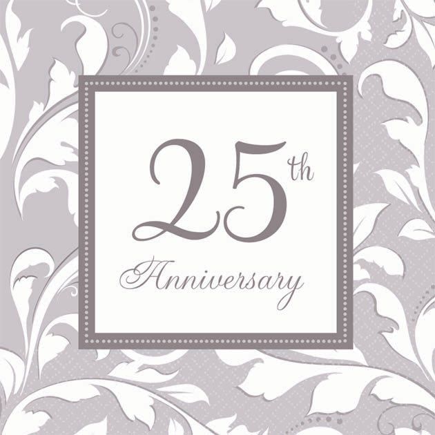 Silver Elegant Scroll 25th Anniversary Beverage Napkins (16ct)