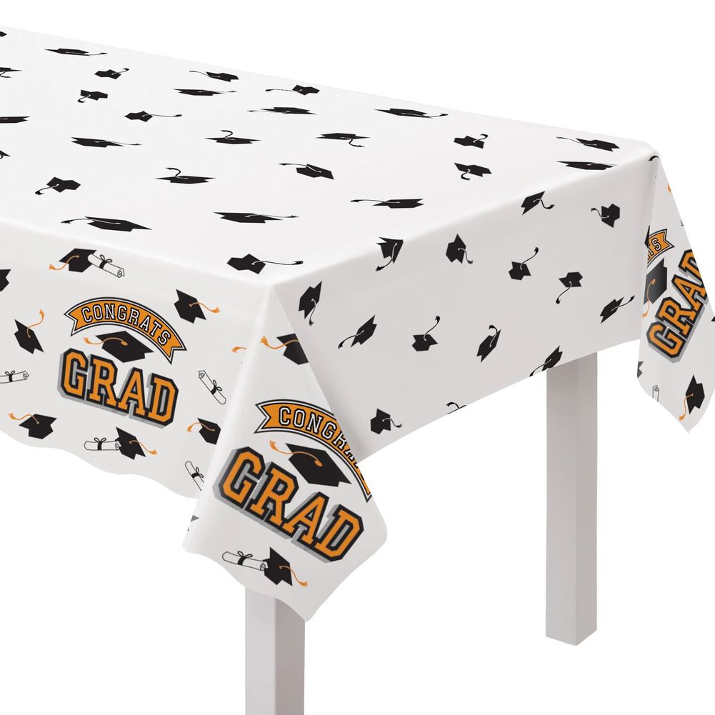 True to Your School Congrats Grad Plastic Table Cover Orange (1ct)