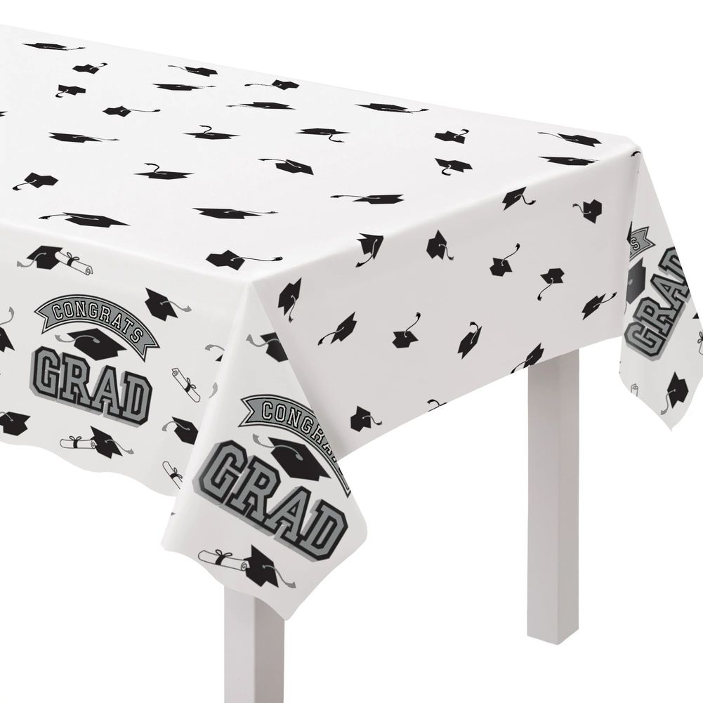 True to Your School Congrats Grad Plastic Table Cover Silver (1ct)