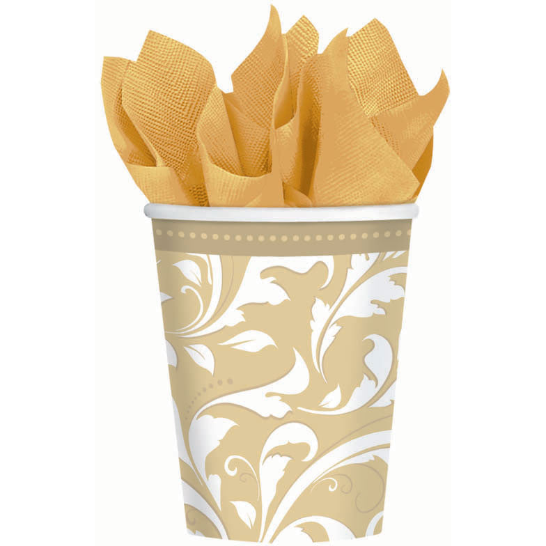 Gold Elegant Scroll 9oz Paper Cups (8ct)