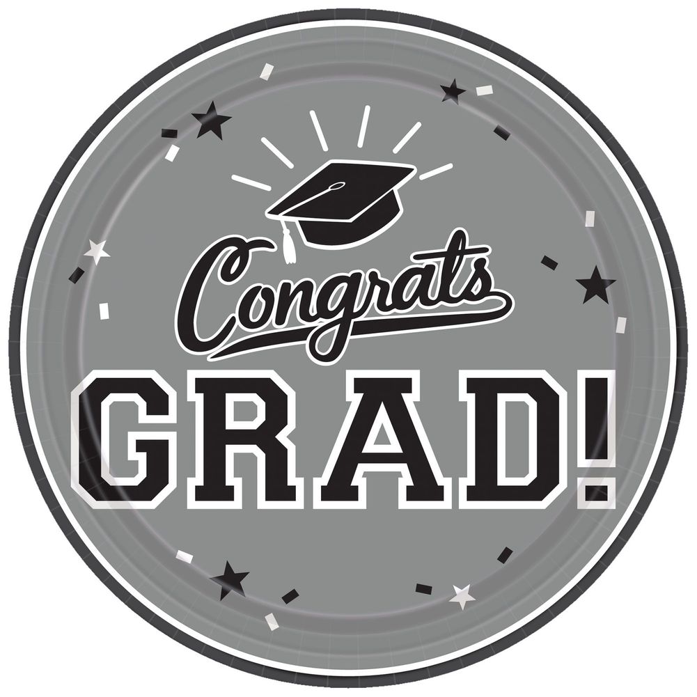 Congrats Grad Silver 9" Round Plates, 18ct