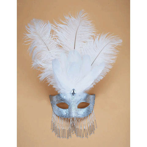 White Venetian Half Mask With Feathers & Beads