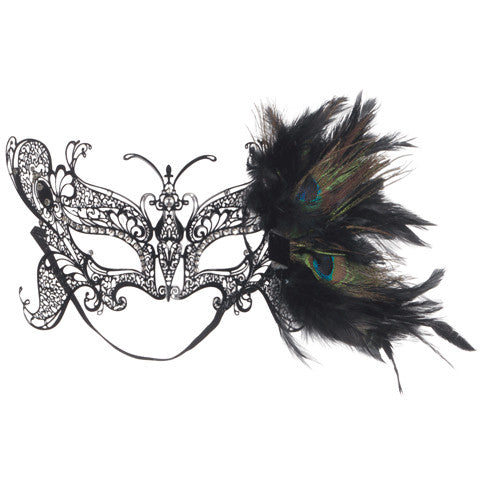 Black Metallic Mask with Feather