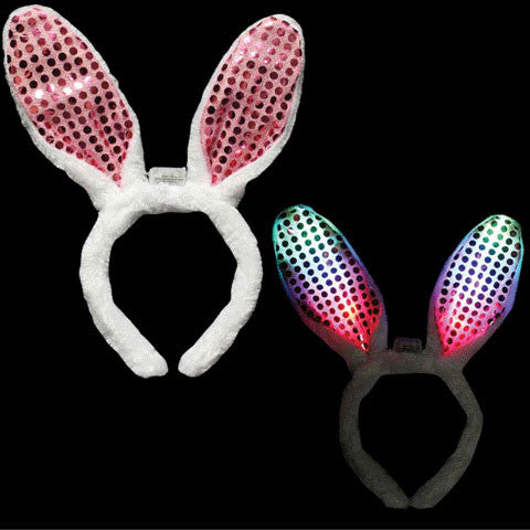 Pink Led Bunny Ears With Sequins