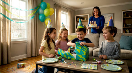 Kids laughing around birthday table at home