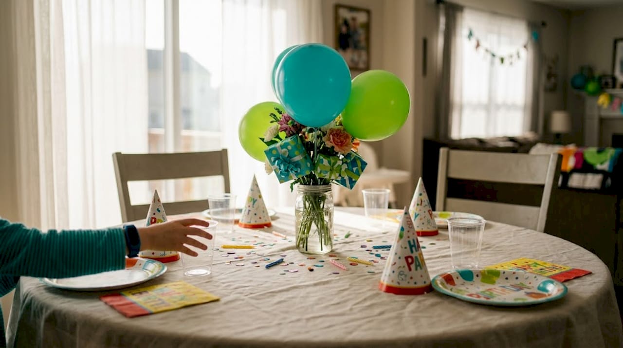 Birthday party table with colorful centerpiece