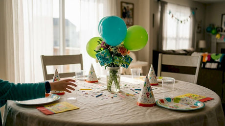 Birthday party table with colorful centerpiece
