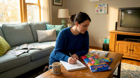 Woman planning birthday decor in living room