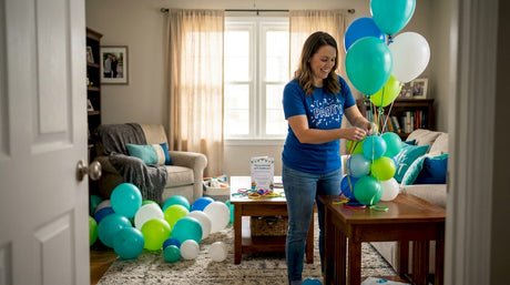 Woman arranging balloons in festive living room