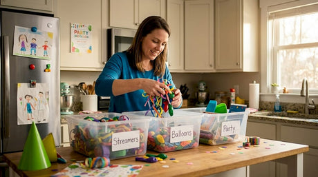Woman organizing party supplies in sunny kitchen