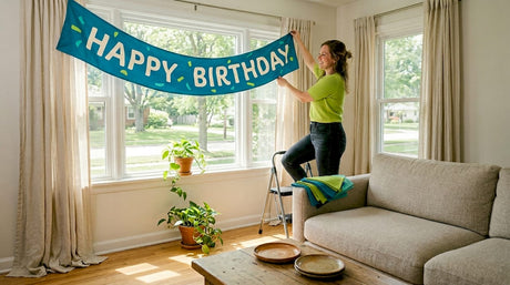 Woman hanging reusable party banner in living room