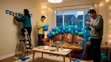 Friends decorating living room for party
