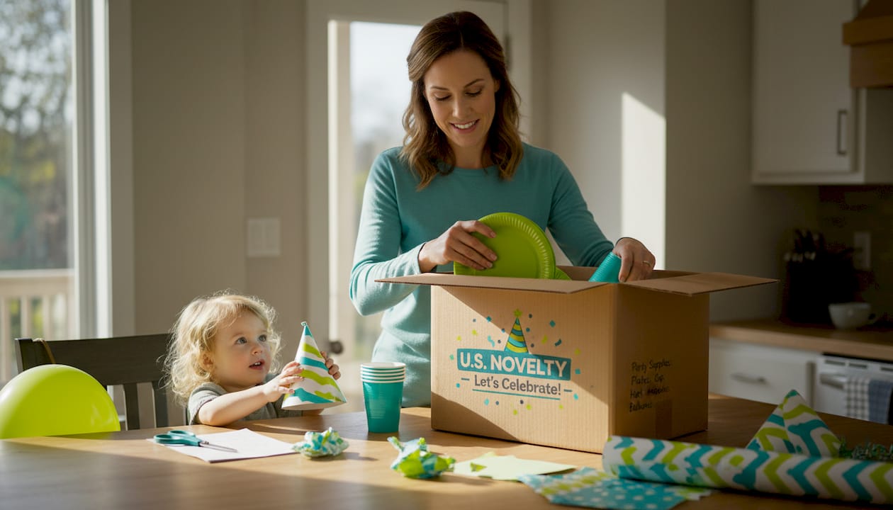 Family unboxing party supply kit together