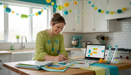 Event planner at dining table with party supplies