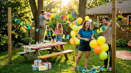 Friends hanging birthday decorations in cozy living room