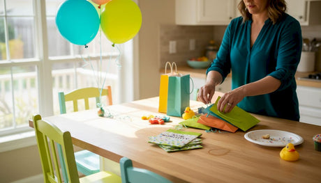 Woman arranging party favors on kitchen table