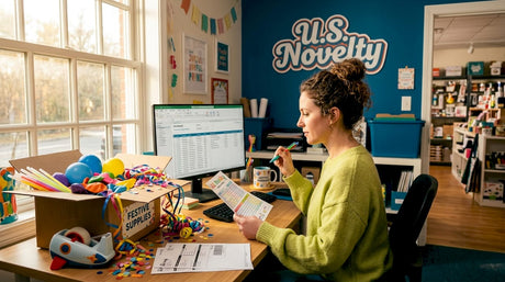 Back office workspace with party supplies and busy owner